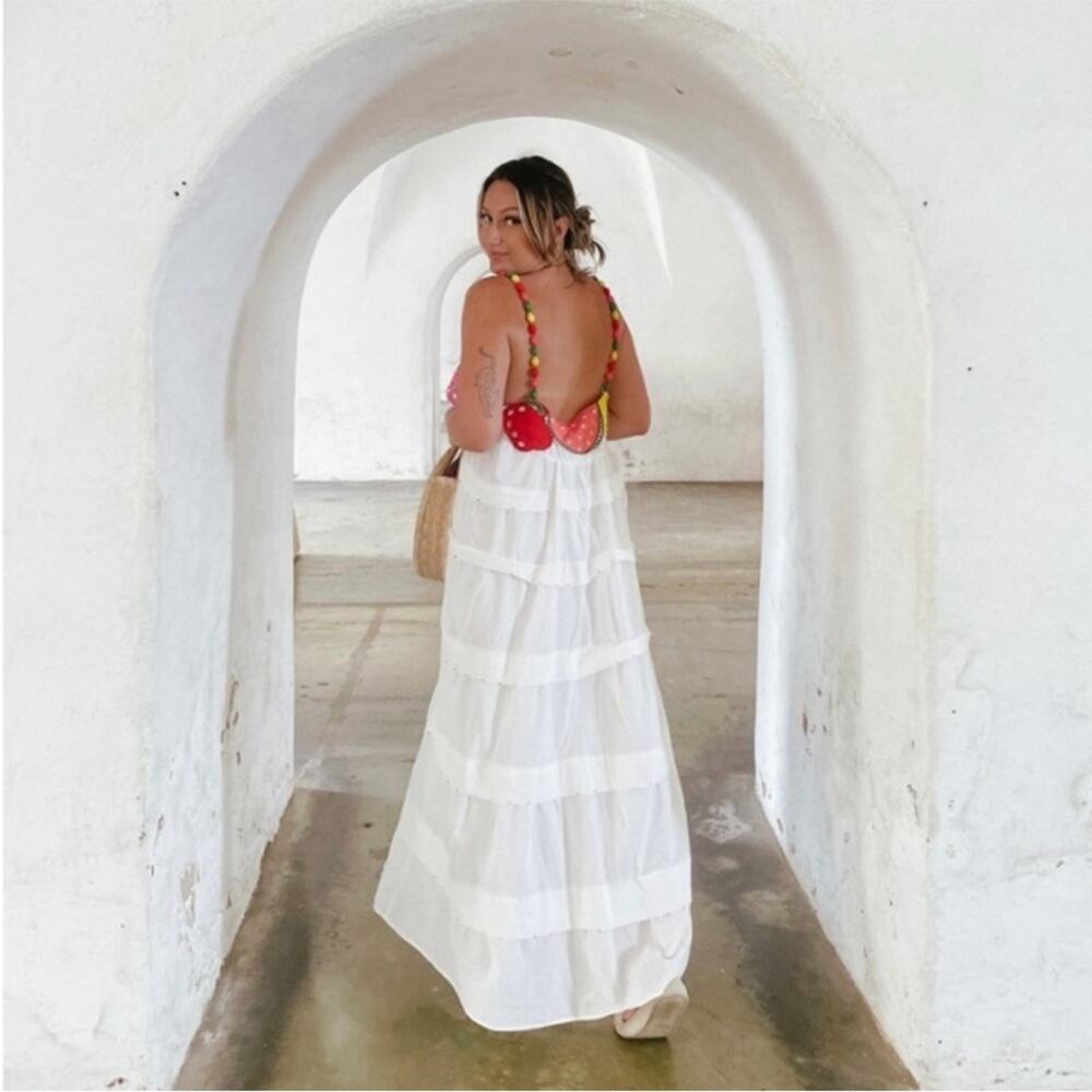 FARM Rio White Tiered Maxi Dress with Red & Pink Accent Straps